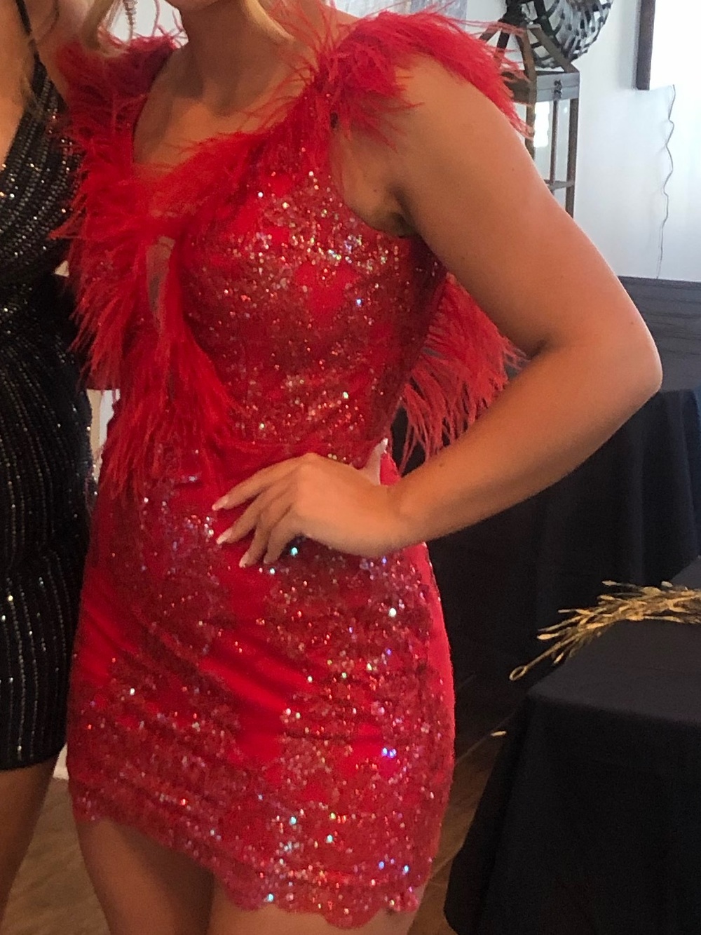 Red Sequin Feather Mini Dress - Unbranded